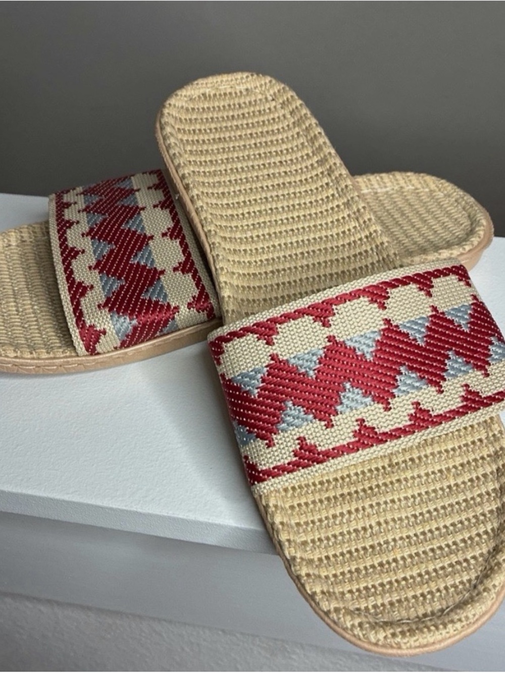 Woven Slide Sandals with Red & Cream Zigzag Strap